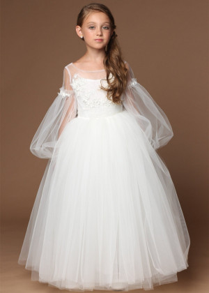 Ivory Fashion Tulle 3D Flowers Flower Girl Dress